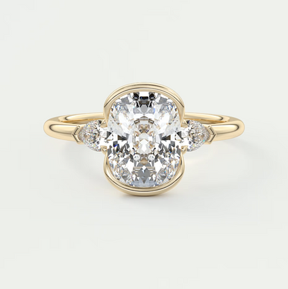 Custom made solara elongated cushion half bezel three-stone engagement ring | diamond lab