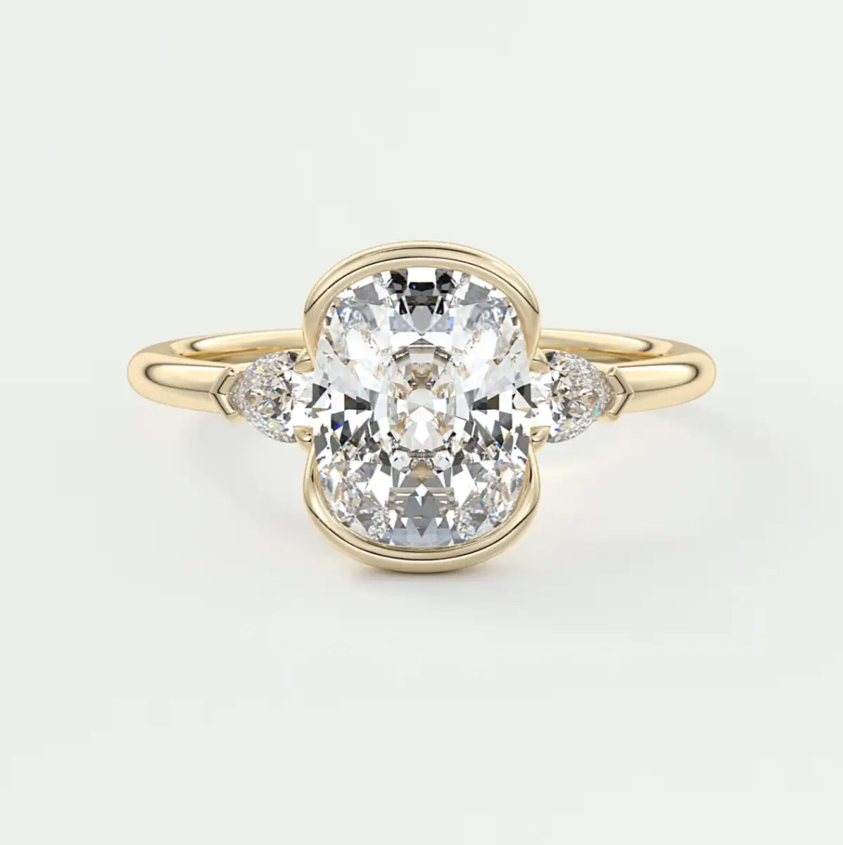 Custom made solara elongated cushion half bezel three-stone engagement ring | diamond lab