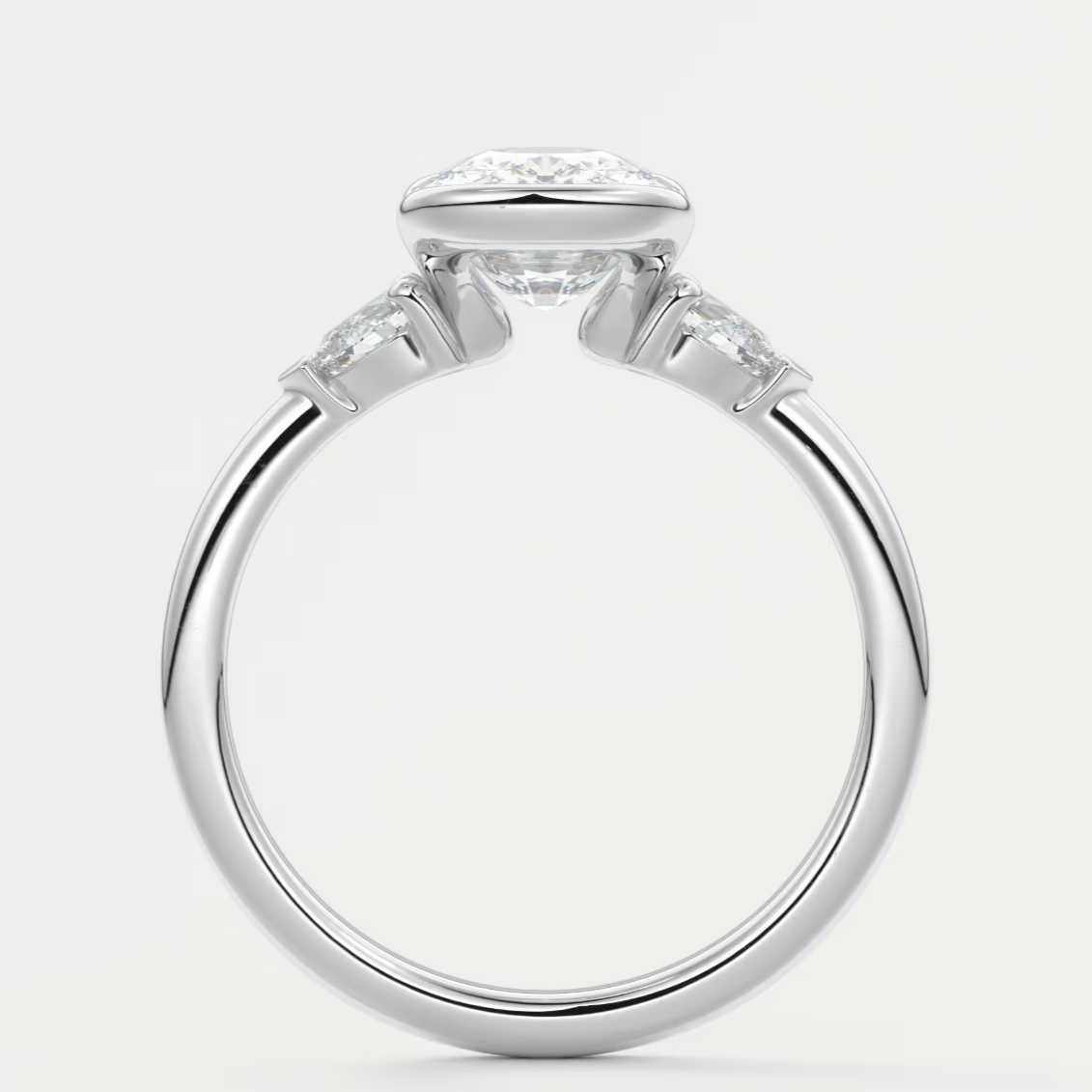 Custom made solara elongated cushion half bezel three-stone engagement ring | diamond lab