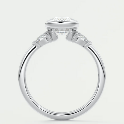Custom made solara elongated cushion half bezel three-stone engagement ring | diamond lab
