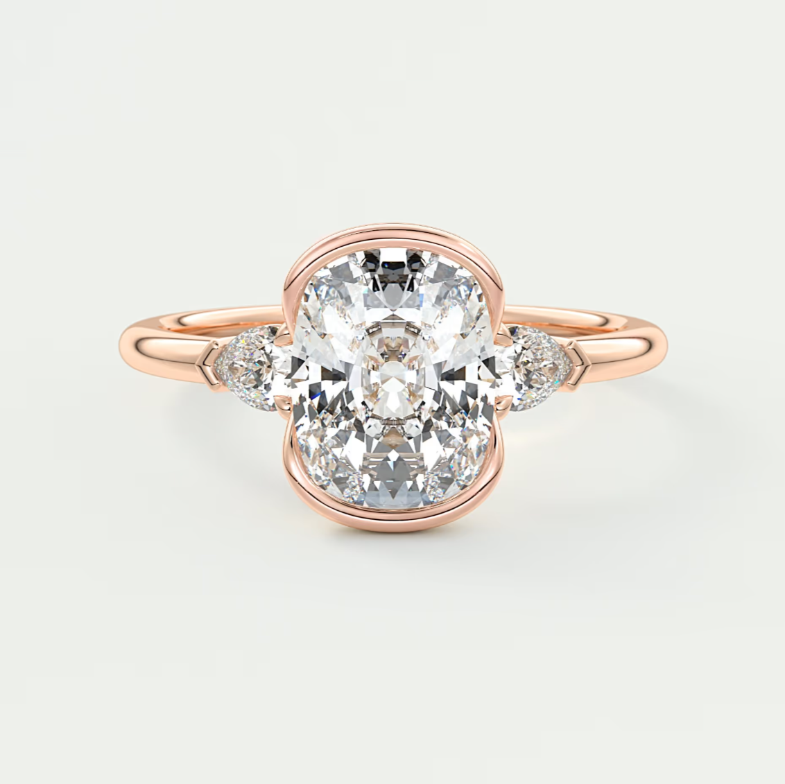 Custom made solara elongated cushion half bezel three-stone engagement ring | diamond lab