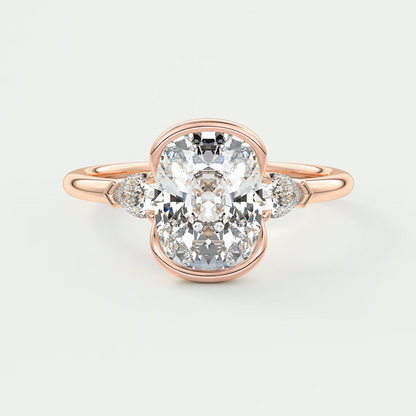 Custom made solara elongated cushion half bezel three-stone engagement ring | diamond lab