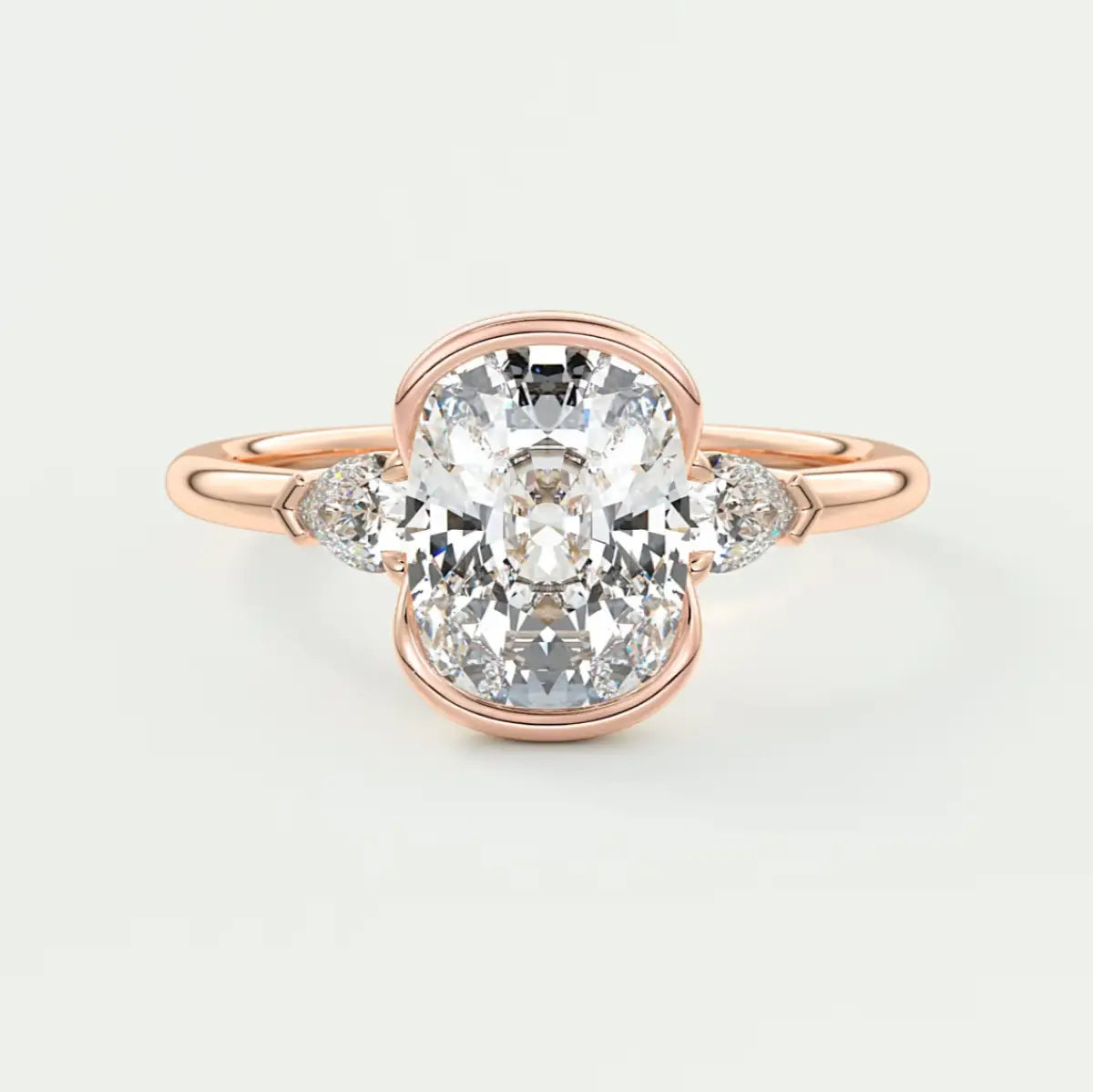 Custom made solara elongated cushion half bezel three-stone engagement ring | diamond lab