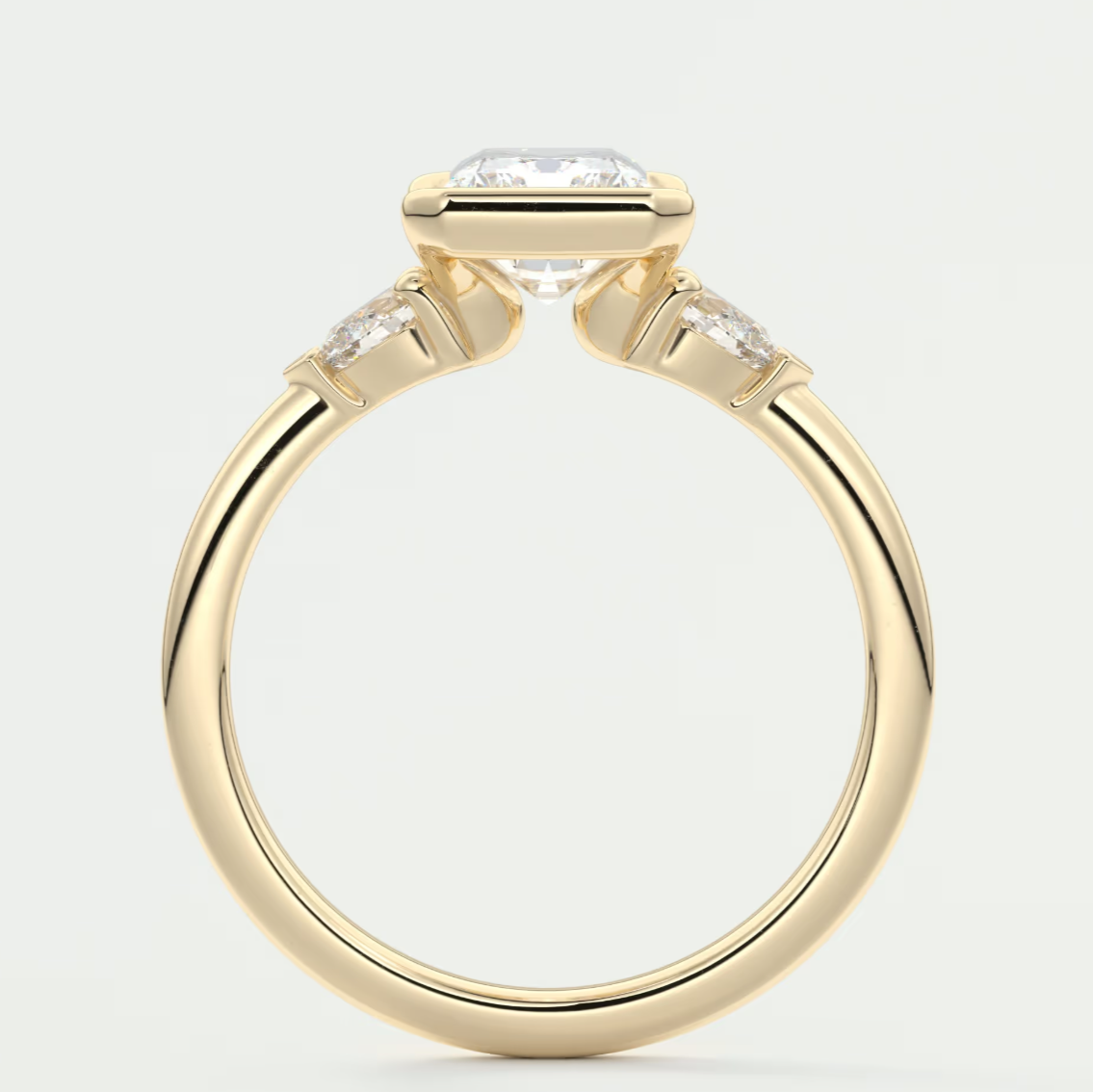 Custom made solara elongated radiant half bezel three-stone engagement ring | diamond lab