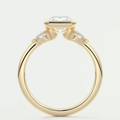 Custom made solara elongated radiant half bezel three-stone engagement ring | diamond lab