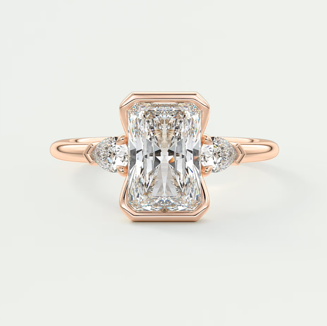 Custom made solara elongated radiant half bezel three-stone engagement ring | diamond lab