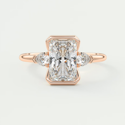 Custom made solara elongated radiant half bezel three-stone engagement ring | diamond lab