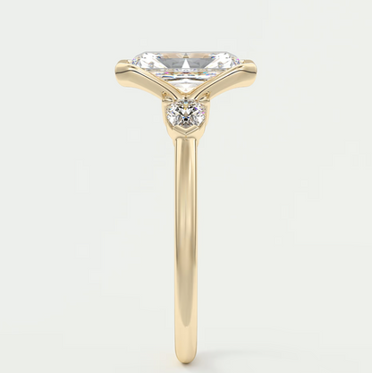 Custom made solara elongated radiant half bezel three-stone engagement ring | diamond lab