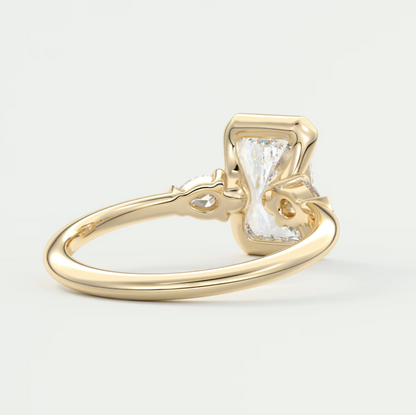 Custom made solara elongated radiant half bezel three-stone engagement ring | diamond lab