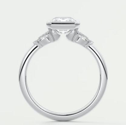Custom made solara elongated radiant half bezel three-stone engagement ring | diamond lab