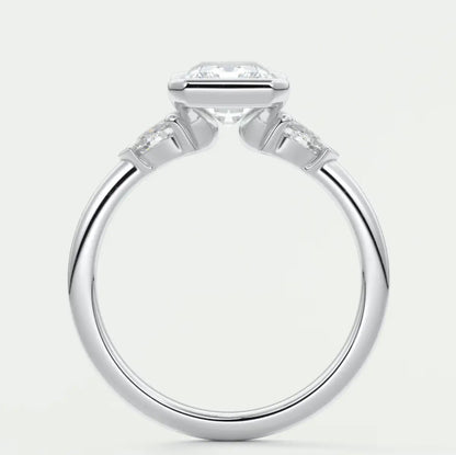 Custom made solara elongated radiant half bezel three-stone engagement ring | diamond lab