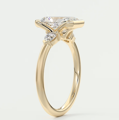 Custom made solara elongated radiant half bezel three-stone engagement ring | diamond lab