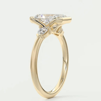 Custom made solara elongated radiant half bezel three-stone engagement ring | diamond lab