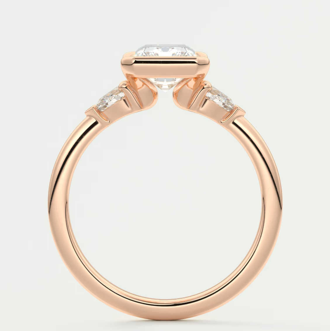 Custom made solara elongated radiant half bezel three-stone engagement ring | diamond lab