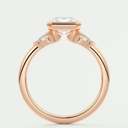 Custom made solara elongated radiant half bezel three-stone engagement ring | diamond lab