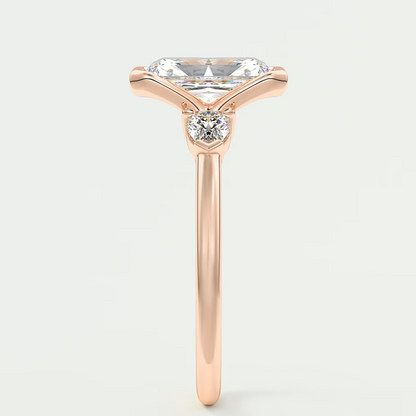 Custom made solara elongated radiant half bezel three-stone engagement ring | diamond lab