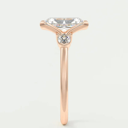 Custom made solara elongated radiant half bezel three-stone engagement ring | diamond lab
