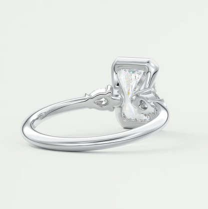 Custom made solara elongated radiant half bezel three-stone engagement ring | diamond lab