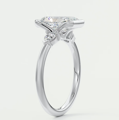 Custom made solara elongated radiant half bezel three-stone engagement ring | diamond lab