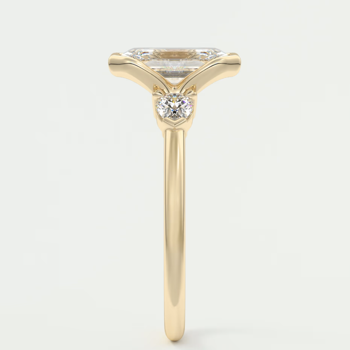 Custom made solara emerald half bezel three-stone engagement ring | diamond lab