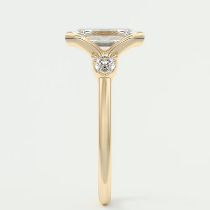 Custom made solara emerald half bezel three-stone engagement ring | diamond lab