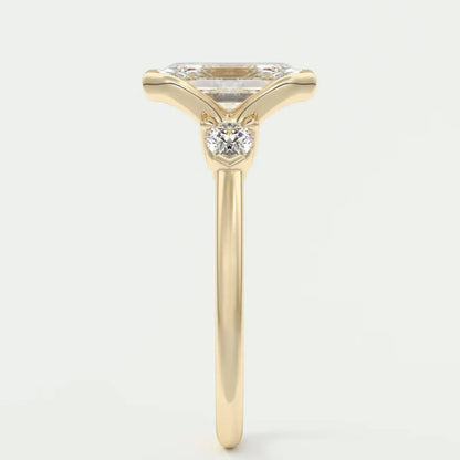 Custom made solara emerald half bezel three-stone engagement ring | diamond lab