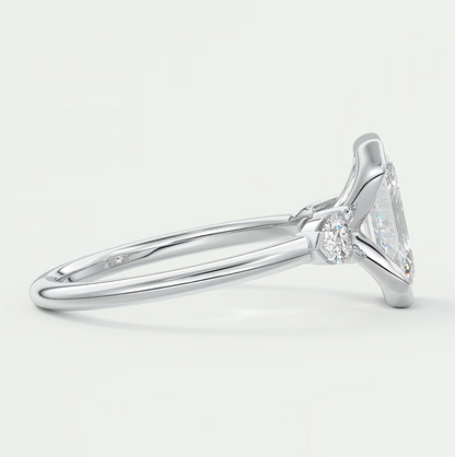 Custom made solara emerald half bezel three-stone engagement ring | diamond lab