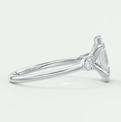 Custom made solara emerald half bezel three-stone engagement ring | diamond lab