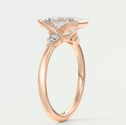 Custom made solara emerald half bezel three-stone engagement ring | diamond lab