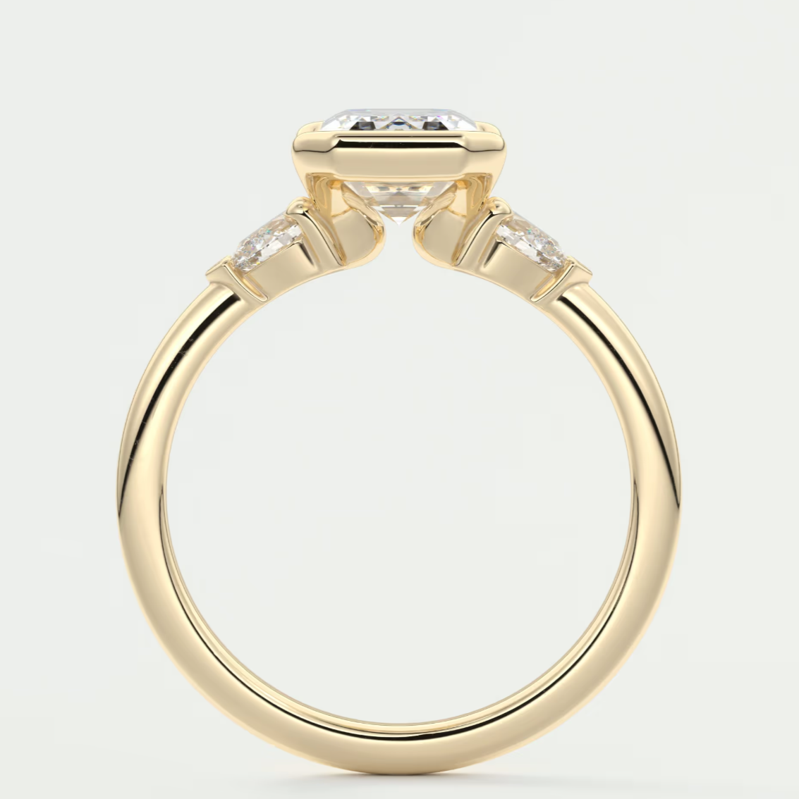 Custom made solara emerald half bezel three-stone engagement ring | diamond lab