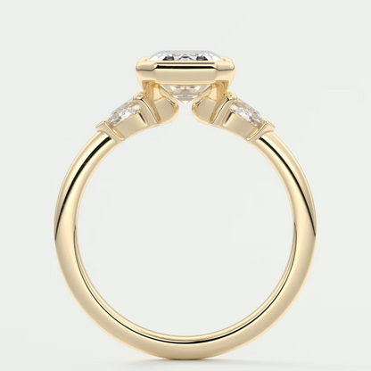 Custom made solara emerald half bezel three-stone engagement ring | diamond lab