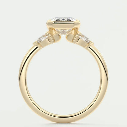 Custom made solara emerald half bezel three-stone engagement ring | diamond lab