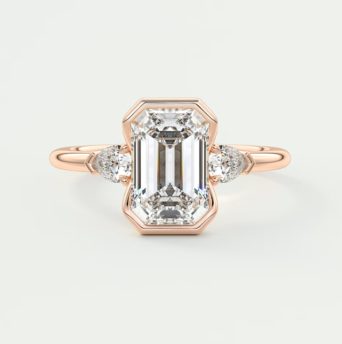 Custom made solara emerald half bezel three-stone engagement ring | diamond lab