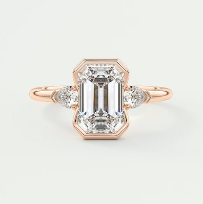 Custom made solara emerald half bezel three-stone engagement ring | diamond lab