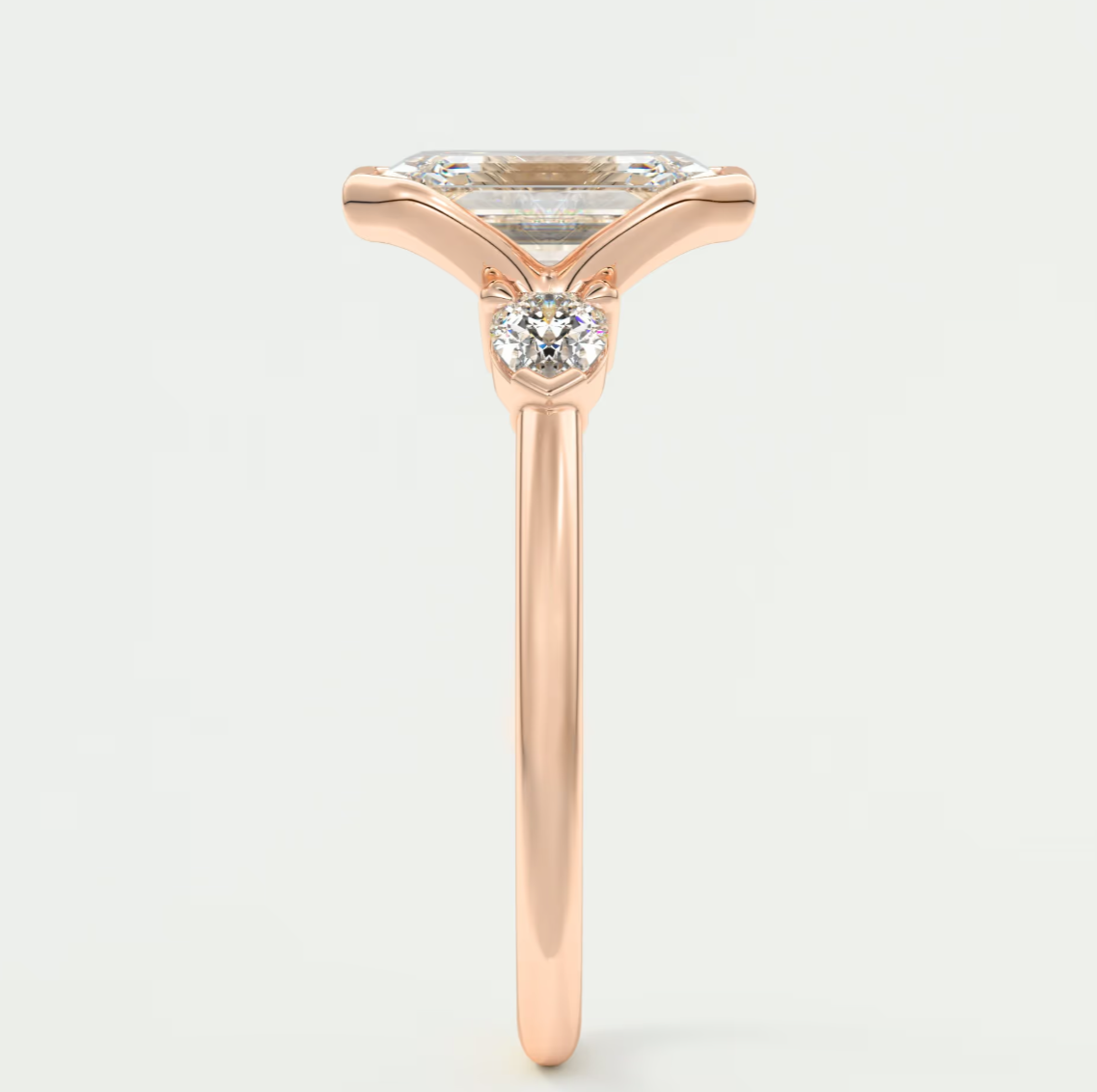 Custom made solara emerald half bezel three-stone engagement ring | diamond lab