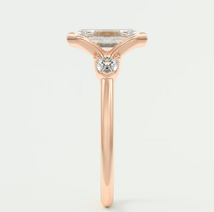 Custom made solara emerald half bezel three-stone engagement ring | diamond lab