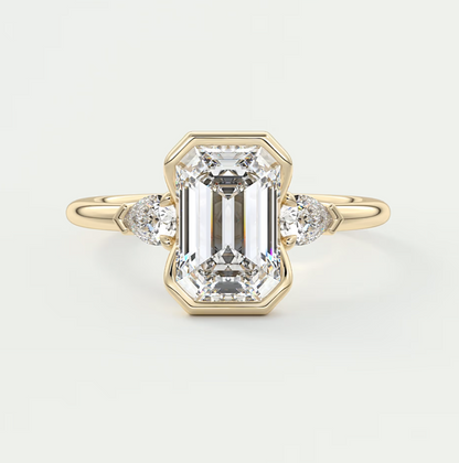 Custom made solara emerald half bezel three-stone engagement ring | diamond lab