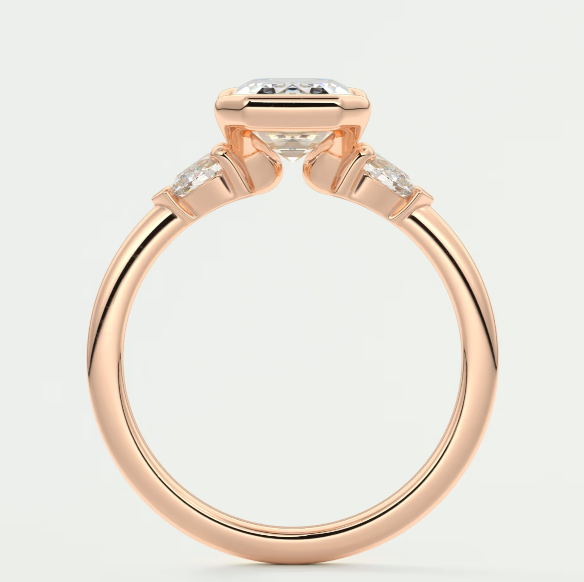 Custom made solara emerald half bezel three-stone engagement ring | diamond lab