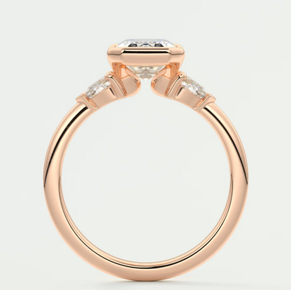 Custom made solara emerald half bezel three-stone engagement ring | diamond lab