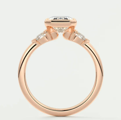 Custom made solara emerald half bezel three-stone engagement ring | diamond lab