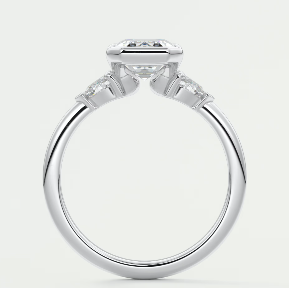 Custom made solara emerald half bezel three-stone engagement ring | diamond lab