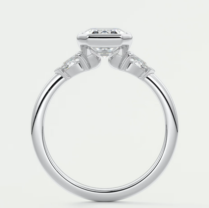 Custom made solara emerald half bezel three-stone engagement ring | diamond lab