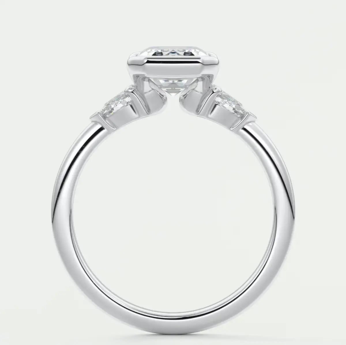 Custom made solara emerald half bezel three-stone engagement ring | diamond lab