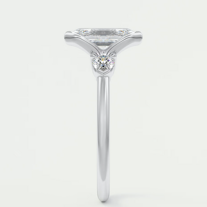 Custom made solara emerald half bezel three-stone engagement ring | diamond lab