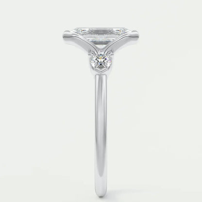 Custom made solara emerald half bezel three-stone engagement ring | diamond lab