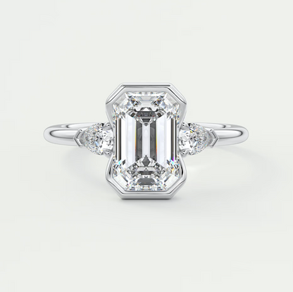 Custom made solara emerald half bezel three-stone engagement ring | diamond lab