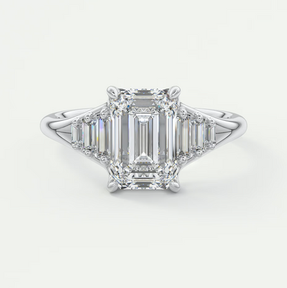 Custom made solena emerald split shank engagement ring with baguette side stones | diamond lab