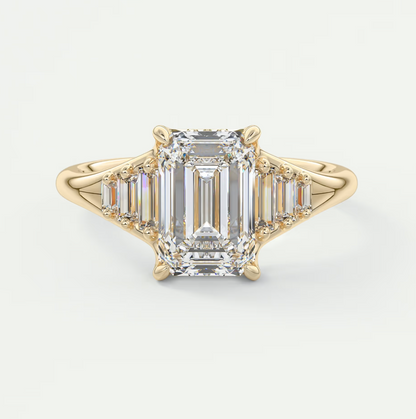 Custom made solena emerald split shank engagement ring with baguette side stones | diamond lab