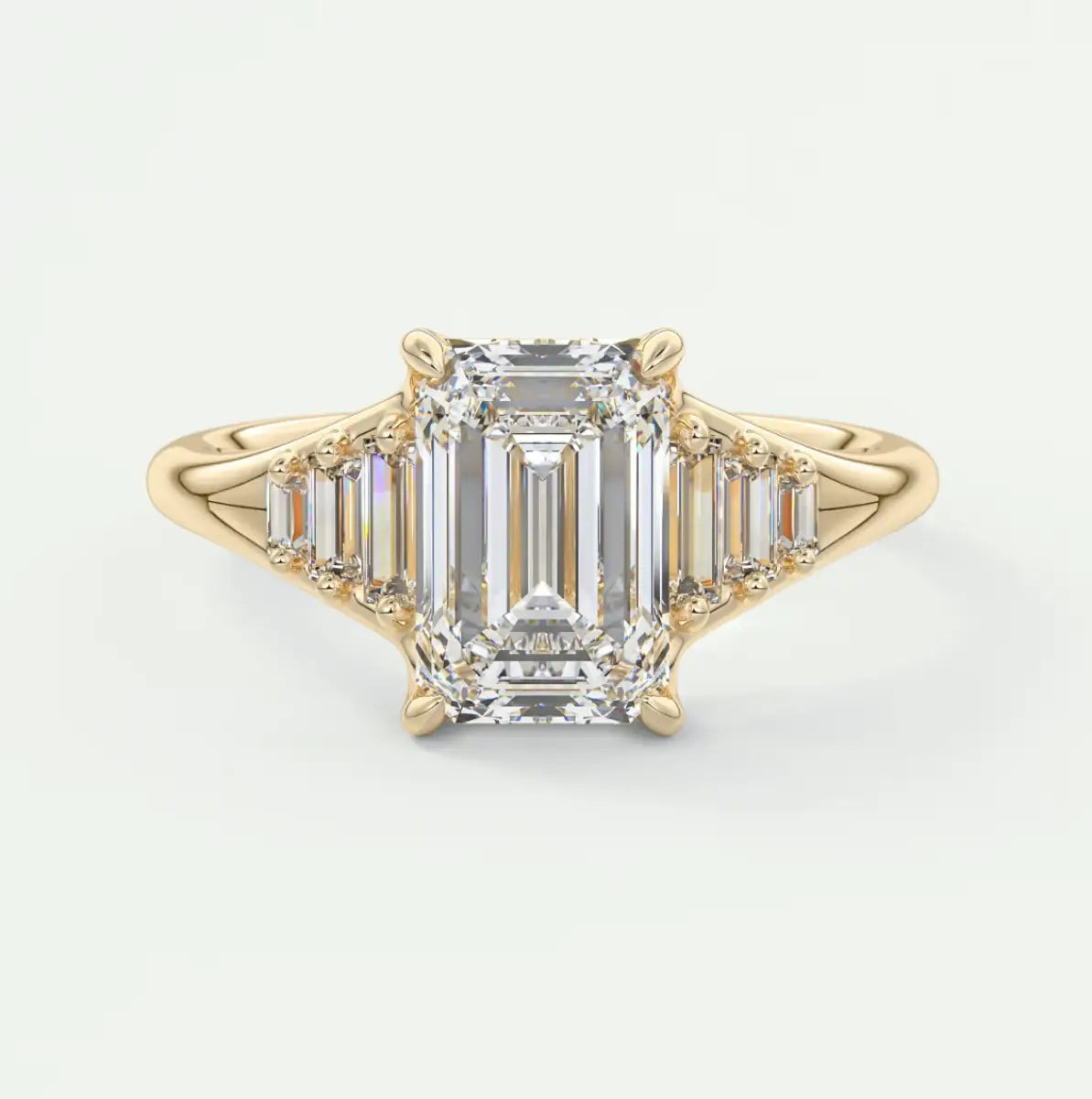 Custom made solena emerald split shank engagement ring with baguette side stones | diamond lab