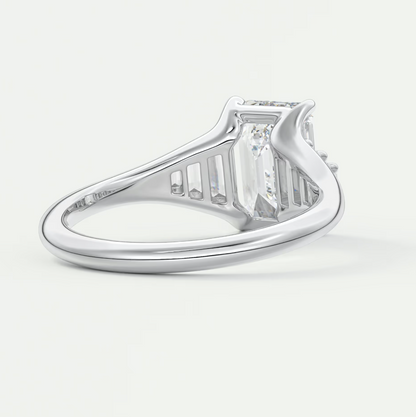 Custom made solena emerald split shank engagement ring with baguette side stones | diamond lab